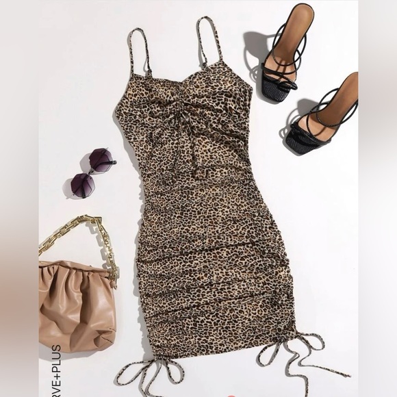 Drawstring Ruched Leopard Dress - Picture 2 of 13